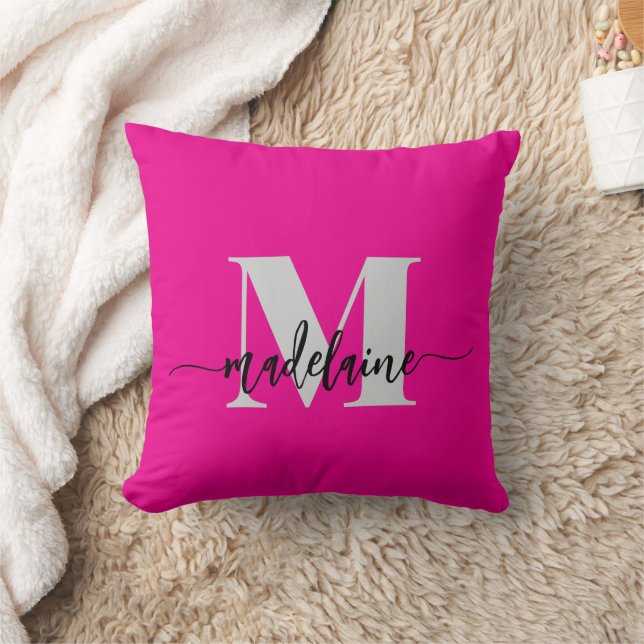 Monogram Elegant Hot Pink Black Personal Throw Pillow (Blanket)