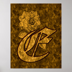 Monogram Elegant Initial E Gold Peony Flower Poster