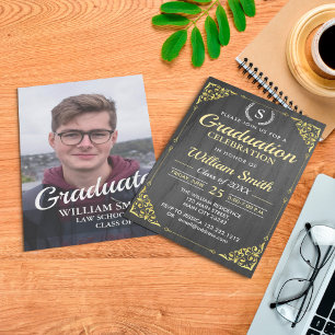 Monogram Elegant Laurel Wreath Golden Graduation Invitation