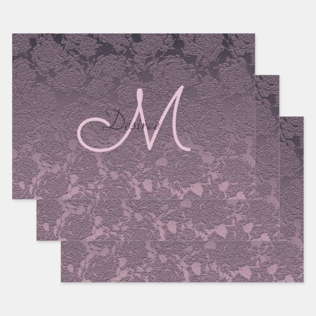 Monogram Elegant Lavender Mauve Purple Floral Wrapping Paper Sheets (Set)