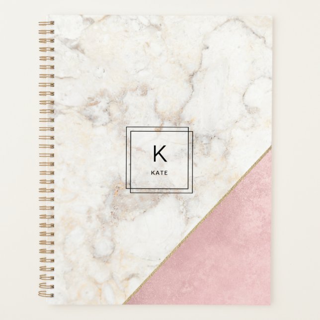 Monogram Elegant Marble Minimalist Rose Gold Big Planner (Front)