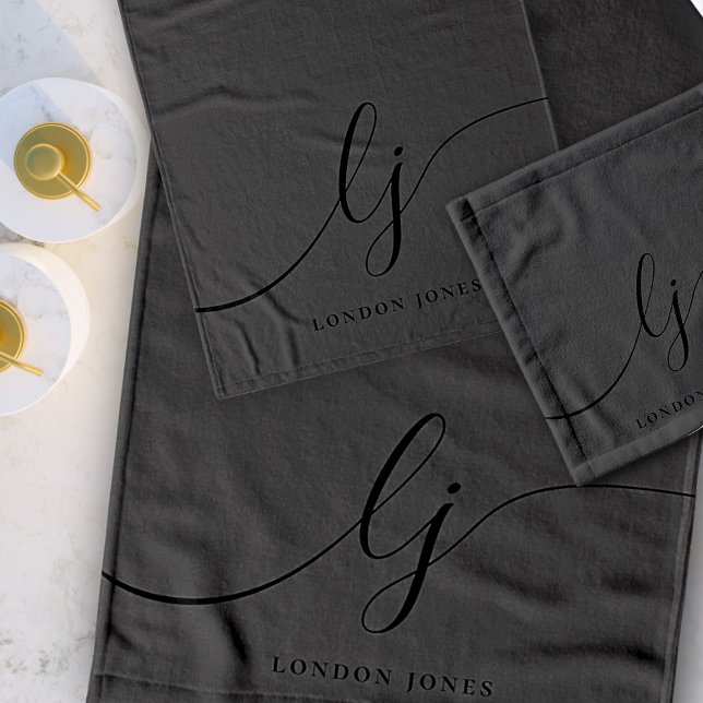 Monogram Elegant Minimal Black Calligrapy Bath Towel Set (Creator Uploaded)