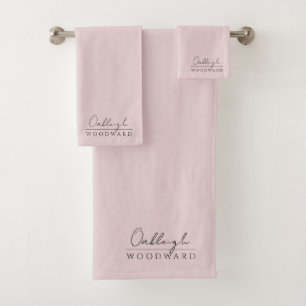 Monogram Elegant Minimal Blush Pink And Black Bath Towel Set