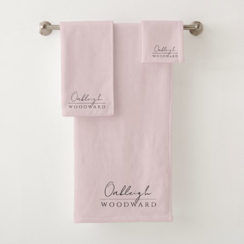 Monogram Elegant Minimal Blush Pink And Black Bath Towel Set