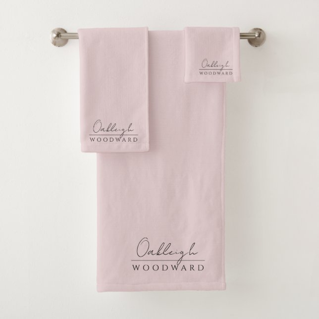 Monogram Elegant Minimal Blush Pink And Black Bath Towel Set (Insitu)