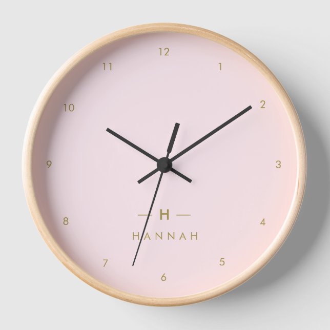 Monogram Elegant Minimal Blush Pink and Gold Clock (Front)
