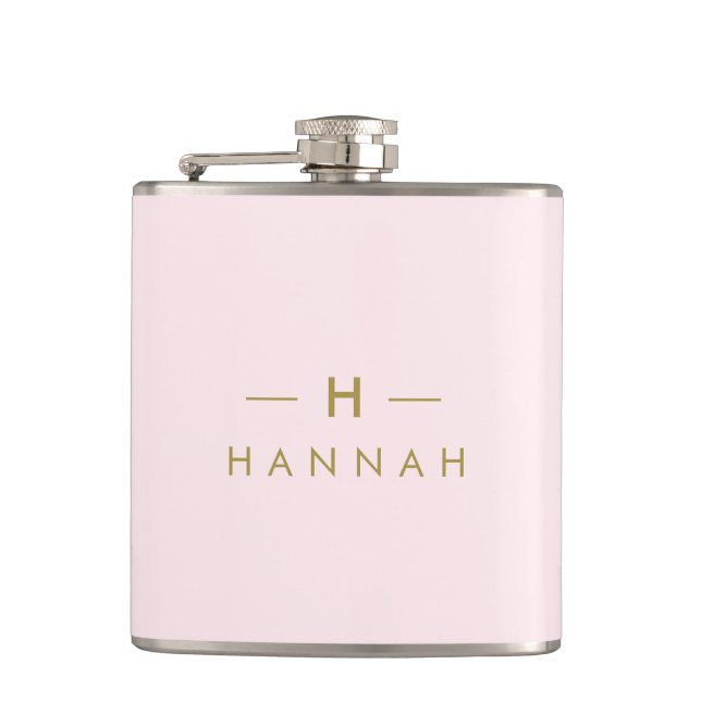 Monogram Elegant Minimal Blush Pink and Gold Flask (Front)