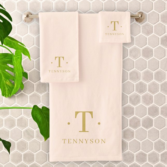Monogram Elegant Minimal Blush Pink Gold Chic Bath Towel Set (Creator Uploaded)