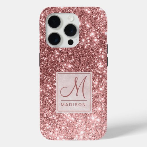 Monogram Elegant Minimal Gold Rose Glitter Foil iPhone 15 Pro Case