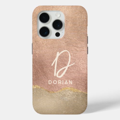 Monogram Elegant Minimal Gold Rose Gold Faux Foil iPhone 15 Pro Case