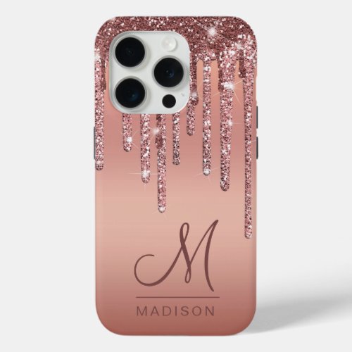 Monogram Elegant Minimal Rose Gold Glitter Drips iPhone 15 Pro Case