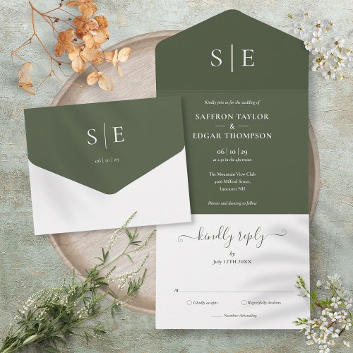 Monogram Elegant Minimalist Olive Green Wedding All In One Invitation