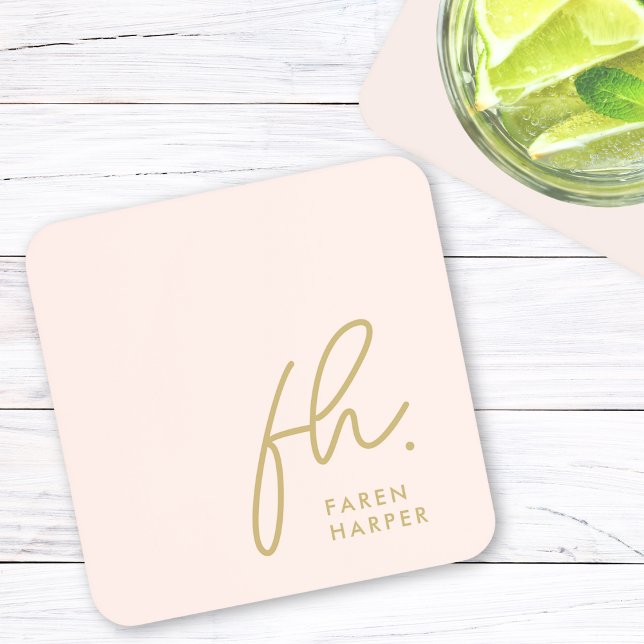Monogram Elegant Minimalist Script Blush Pink Gold Beverage Coaster (Creator Uploaded)