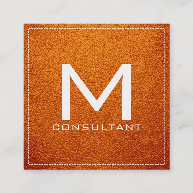 Monogram Elegant Modern Amber Leather Square Business Card (Front)