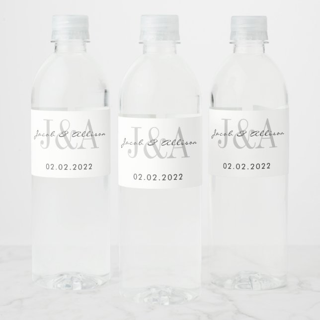 monogram elegant modern bar wedding favor water bottle label (Bottles)