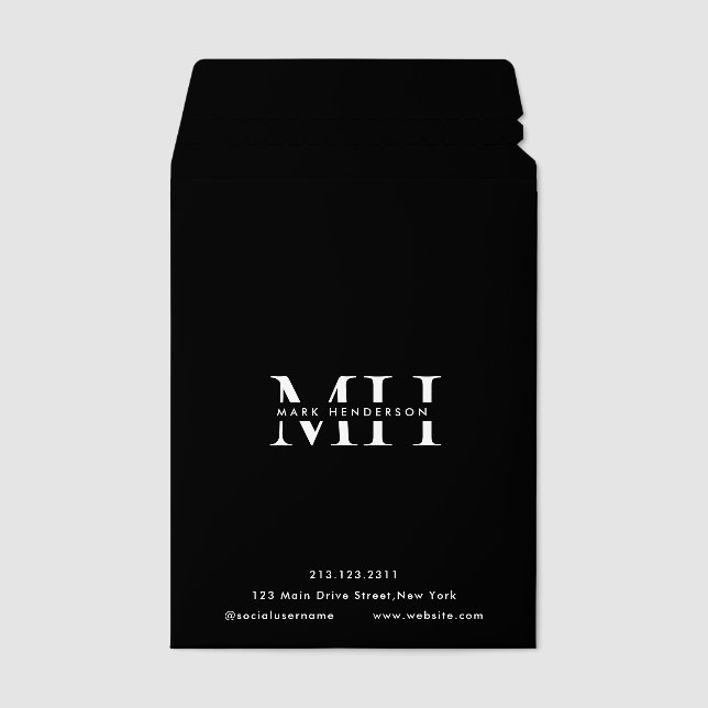 Monogram Elegant Modern Black Envelope Mailers (Front)