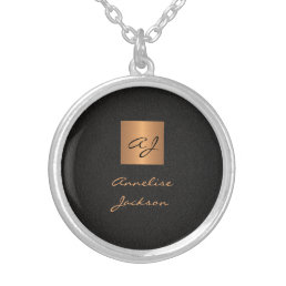 Monogram elegant modern black gold name script silver plated necklace