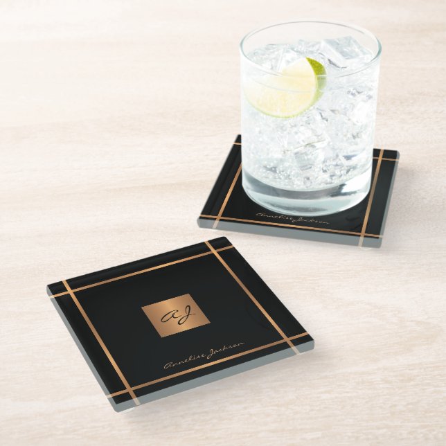 Monogram elegant modern black gold stylish glass coaster (Angled)
