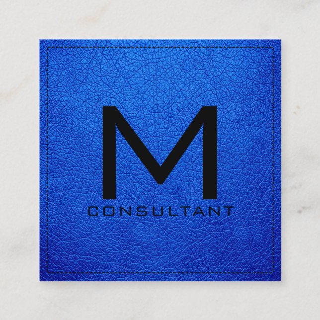 Monogram Elegant Modern Brandeis Blue Leather Square Business Card (Front)