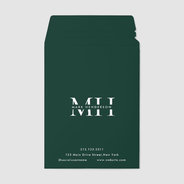 Monogram Elegant Modern Emerald Green Envelope Mailers (Front)