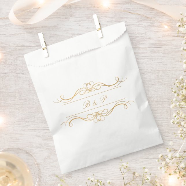 Monogram Elegant Modern Gold Swirl Script Wedding Favor Bag (Clipped)
