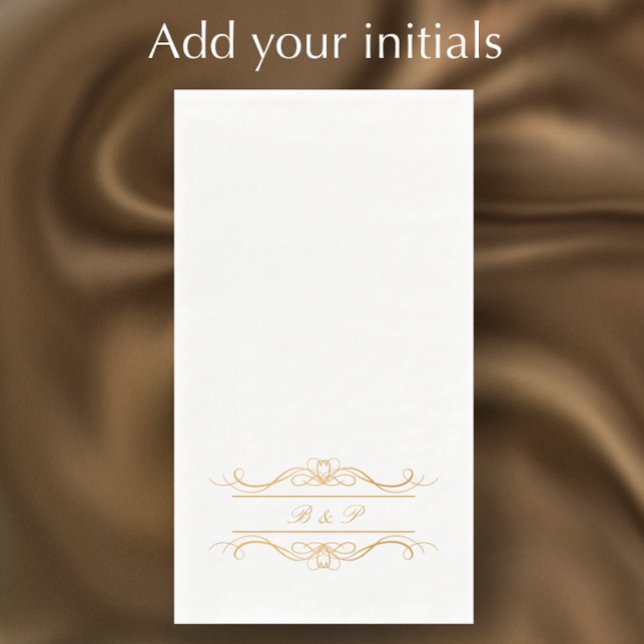 Monogram Elegant Modern Gold Swirl Script Wedding Paper Guest Towels (Add your initials for an elegant golden couple’s monogrammed napkin. Classy paper dinner napkins.)