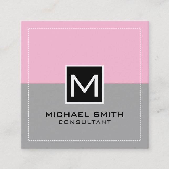 Monogram Elegant Modern Gray Cotton Candy Square Business Card (Front)