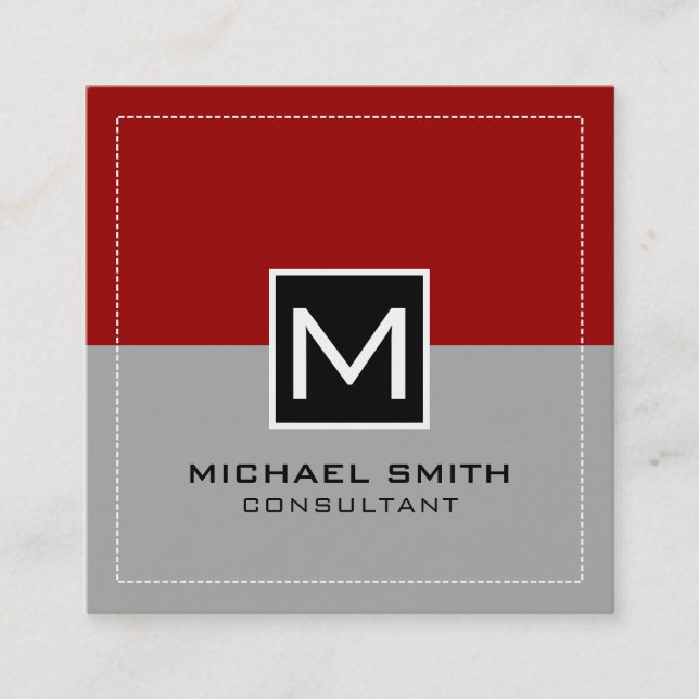 Monogram Elegant Modern Gray Crimson Red Square Business Card (Front)