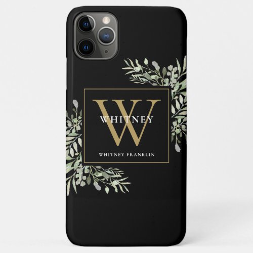 Monogram Elegant Modern Greenery Black Gold  iPhone 11 Pro Max Case