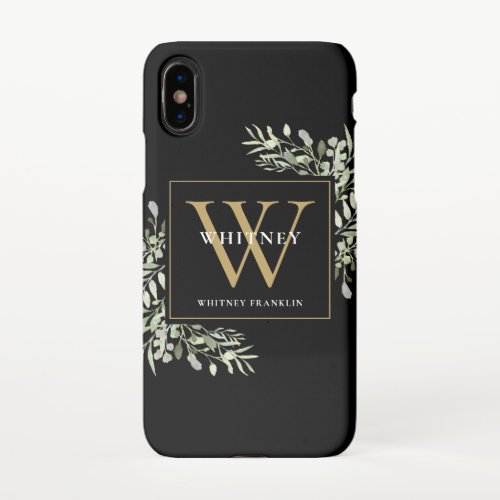 Monogram Elegant Modern Greenery Black Gold  iPhone X Case
