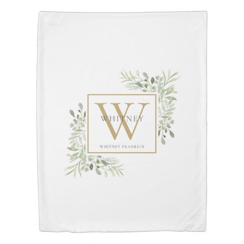 Monogram Elegant Modern Greenery Black Gold White Duvet Cover