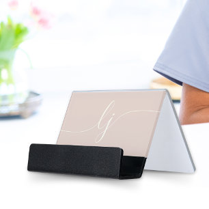 Monogram Elegant Modern Minimal Rose Pink Script Desk Business Card Holder