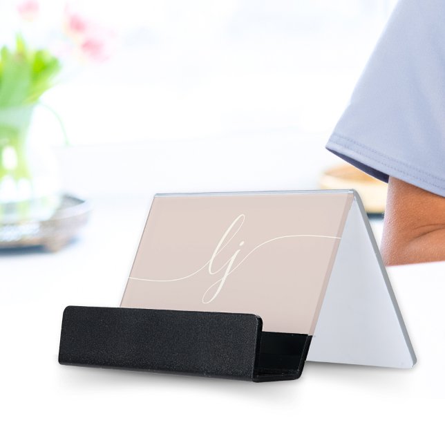 Monogram Elegant Modern Minimal Rose Pink Script Desk Business Card Holder (Creator Uploaded)