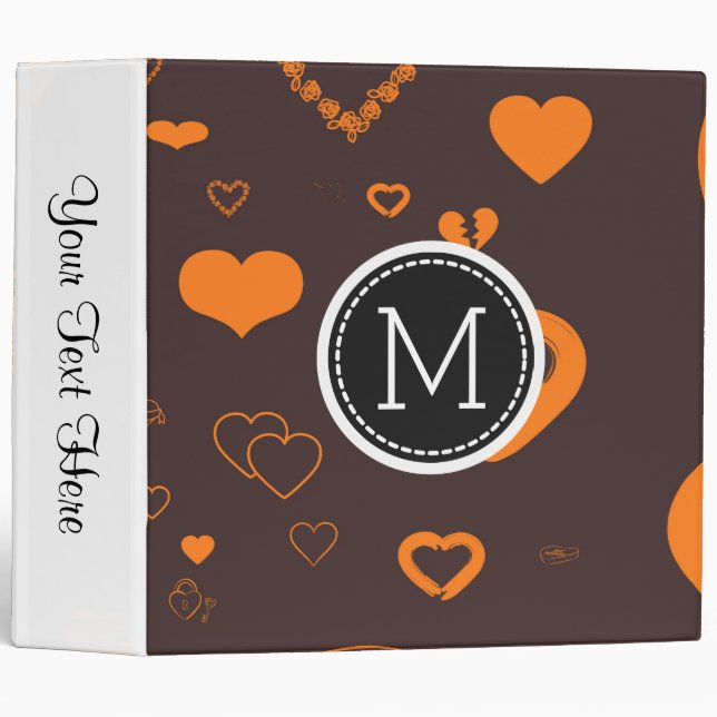 Monogram Elegant Modern Orange Heart Pattern 3 Ring Binder (Front/Spine)