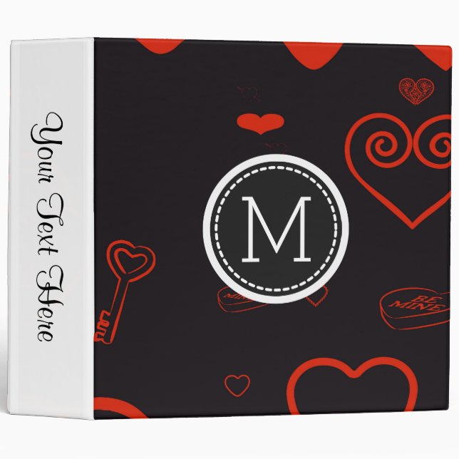 Monogram Elegant Modern Red Heart Pattern #3 3 Ring Binder (Front/Spine)