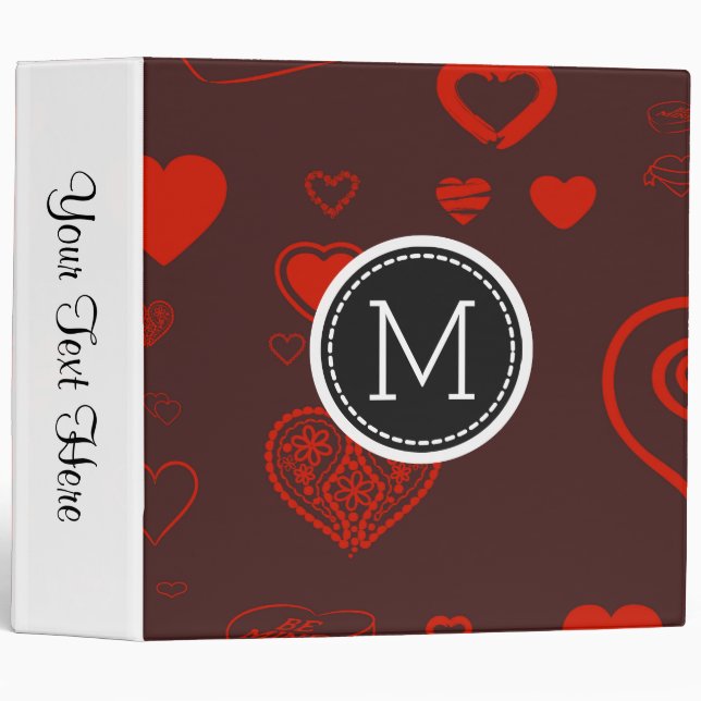 Monogram Elegant Modern Red Heart Pattern 3 Ring Binder (Front/Spine)