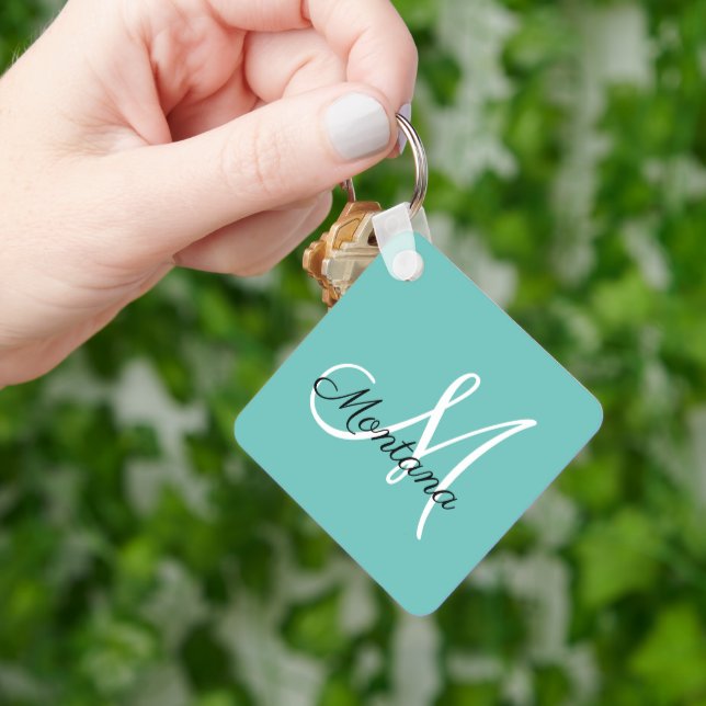 Monogram Elegant Modern Simple Girly Teal Keychain (Hand)
