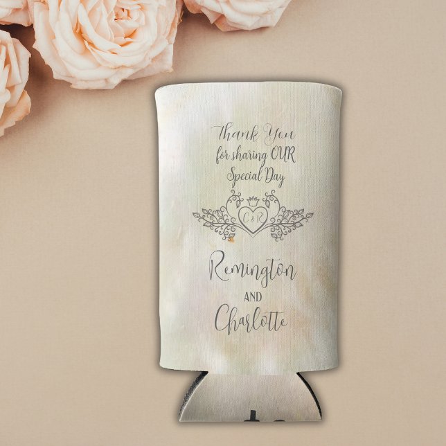 Monogram Elegant Mother-of-Pearl Peach Wedding Seltzer Can Cooler (Creator Uploaded)