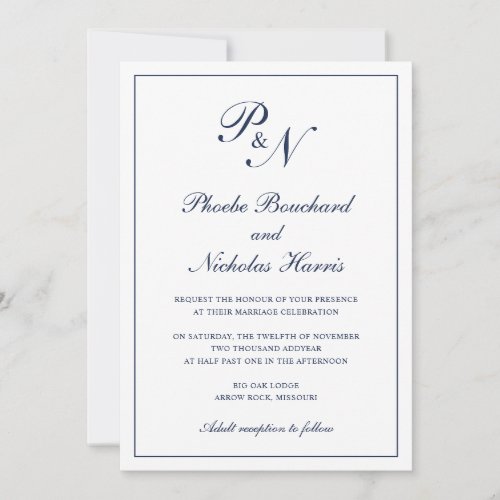 Monogram Elegant Navy Blue All In One Wedding Invitation