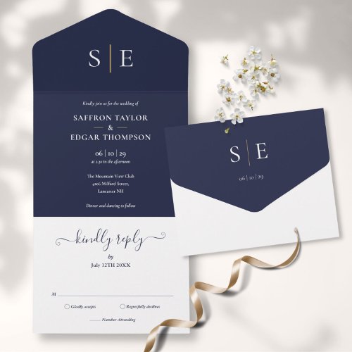 Monogram Elegant Navy Blue And Gold Wedding All In One Invitation
