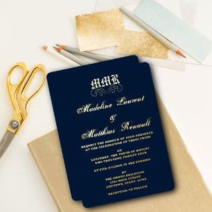 Monogram Elegant Navy Blue and Gold Wedding  Foil Invitation