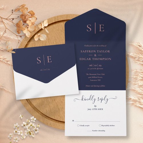 Monogram Elegant Navy Blue And Rose Gold Wedding All In One Invitation