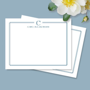 Monogram Elegant Navy Blue Border Minimalist Note Card