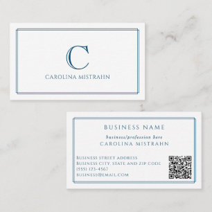 Monogram Elegant Navy Blue Border QR Code Business Card