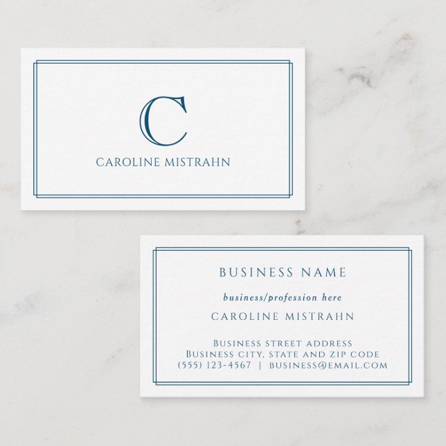 Monogram Elegant Navy Blue Border Stationery Business Card (Front/Back)