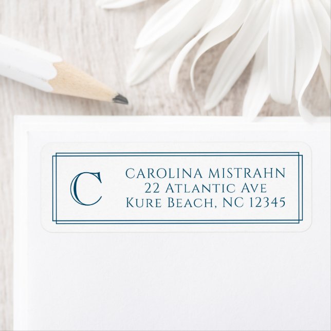 Monogram Elegant Navy Blue Border Stationery Label (Insitu)