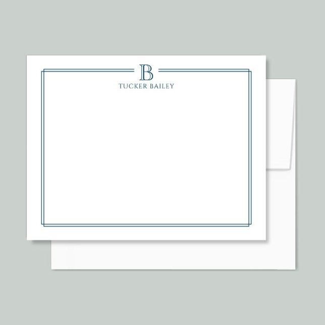 Monogram Elegant Navy Blue Border Stationery Note Card (Creator Uploaded)
