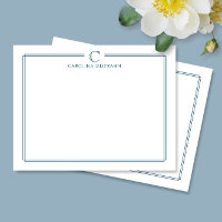 Monogram Elegant Navy Blue Border Stationery