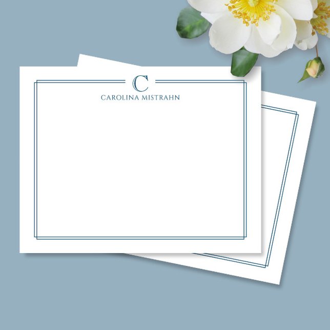 Monogram Elegant Navy Blue Border Stationery Note Card (Creator Uploaded)