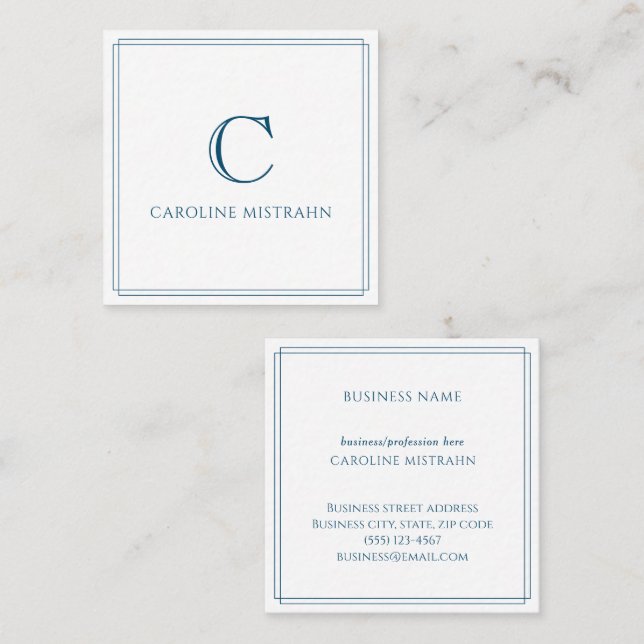 Monogram Elegant Navy Blue Border Stationery Square Business Card (Front/Back)